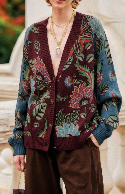 mixed delhi floral buttoned knit cardigan